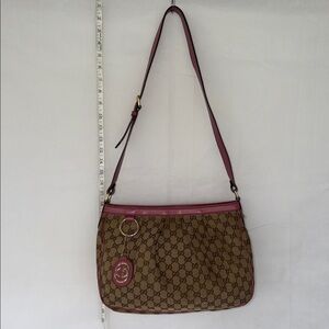 Gucci Brown Monogram Shoulder Bag with Pink Trim